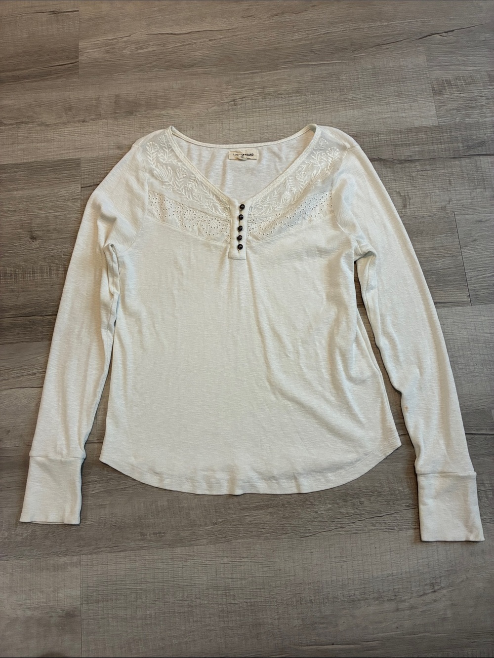 Lucky Brand Cream Floral Embroidered Henley Long Sleeve Top